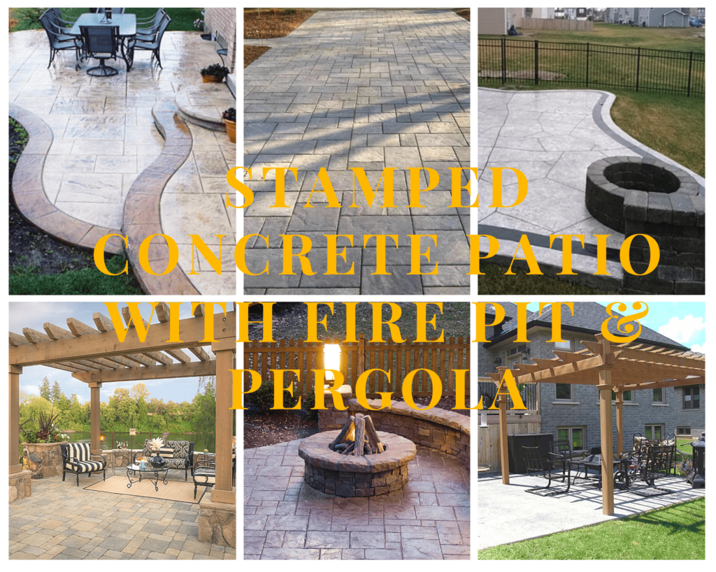 stamped concrete patio fire pit and pergola